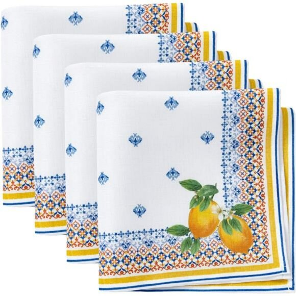 Elrene Lemon Cloth Napkins Set of 4 Mediterranean Floral Table Decor 17x17 - Picture 1 of 7